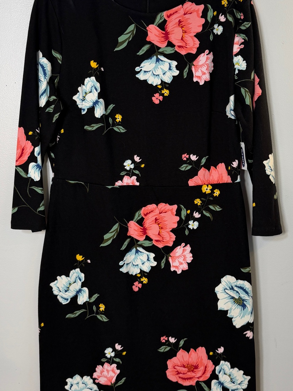 Old Navy Black Long Sleeve Floral Midi Dress Pink White Blooms 3/4 sleeve large